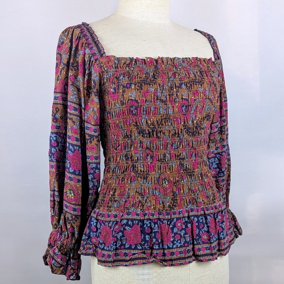 Haute Hippie Style Top Blouse Smocked Bodice Long Sleeve Floral Multicolor S NWT - Picture 5 of 11